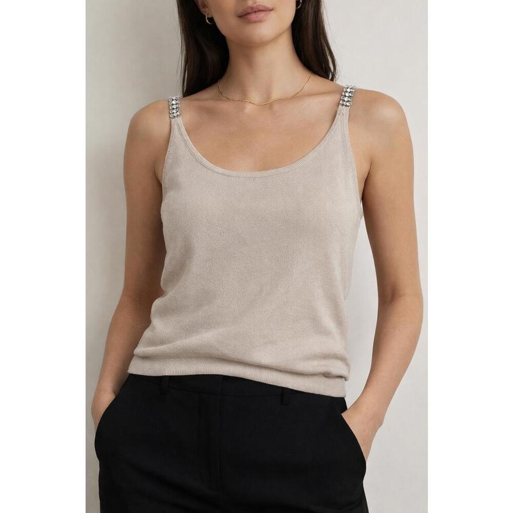 Episode Carolyn Wight Freeman Rhinestone Strap Cami Knit Tank Top Beige Size M